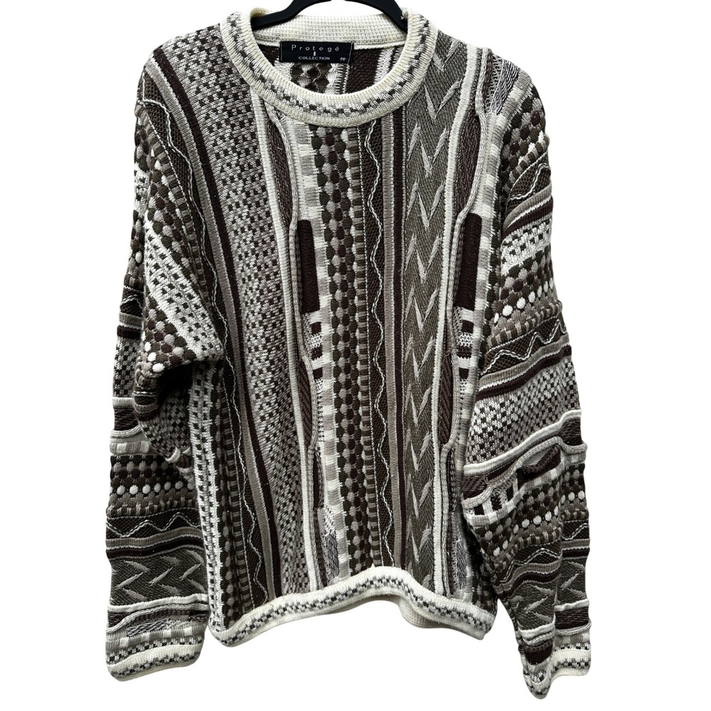 Vintage Protege Collection 3D Knit Sweater Mens Medium Brown Tan Made in USA